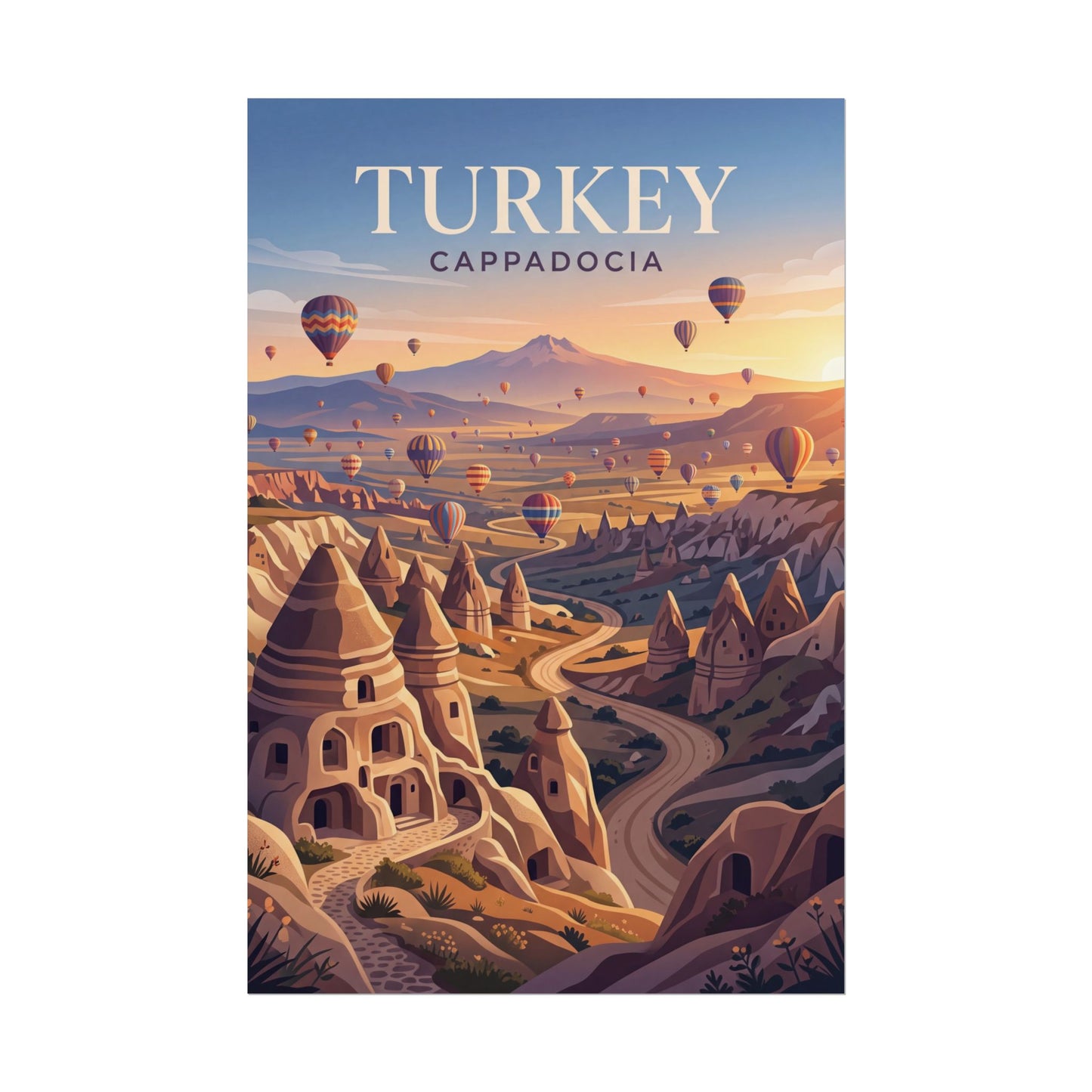 Rolled poster with TURKEY and CAPADOCIA lettering over layered desert rock formations