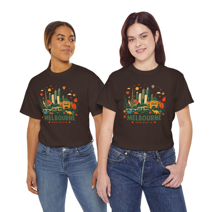 Black Melbourne skyline t-shirt on two models, front print with city skyline and “Melbourne Australia”