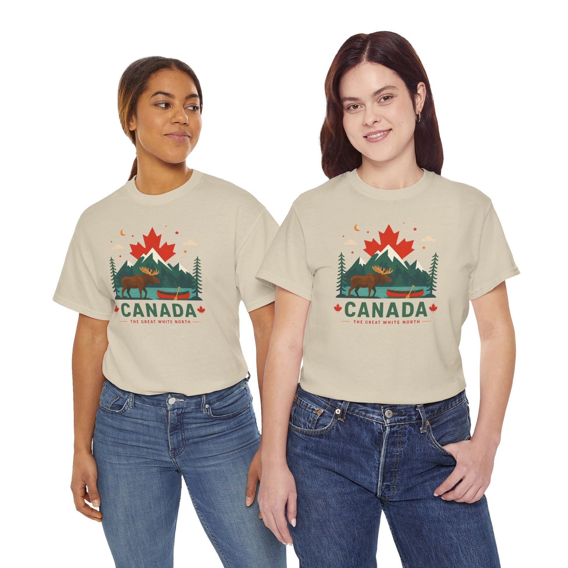 Light tan Canada camping graphic T-shirt with red maple leaf and evergreen scene