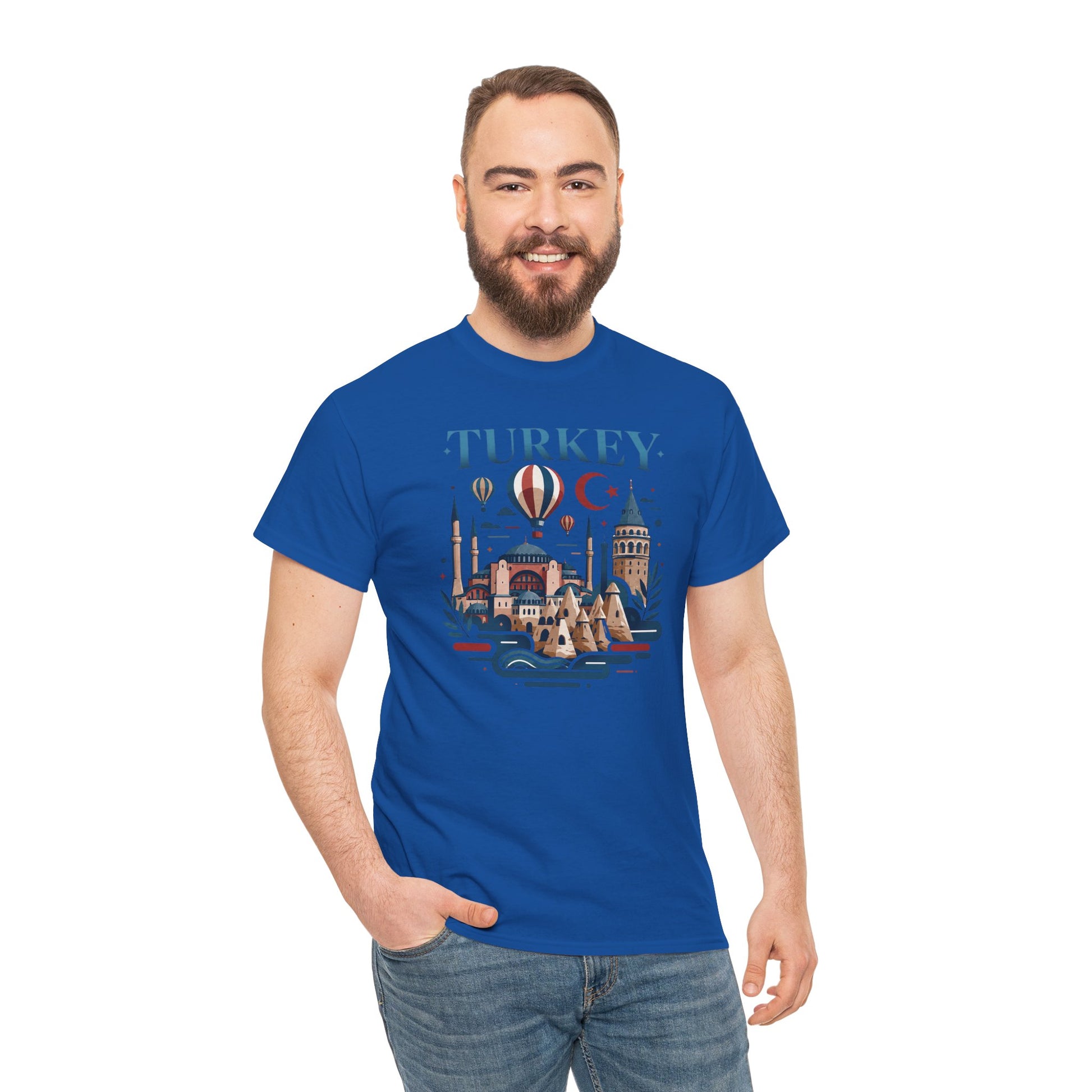 Blue T-shirt with Turkey skyline graphic, hot air balloons and crescent moon
