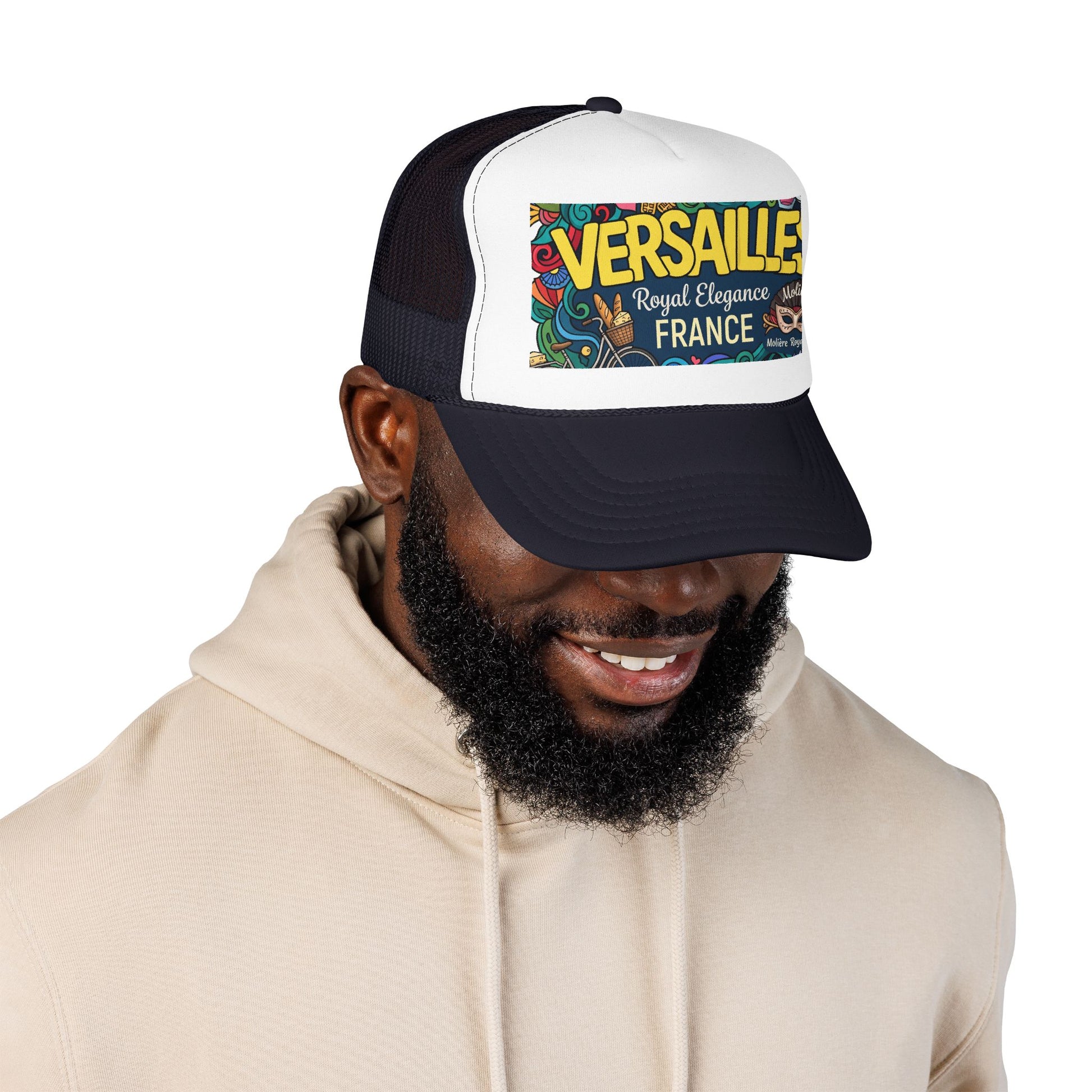 Two-tone black and white trucker hat with mesh back, colorful Versailles France patch