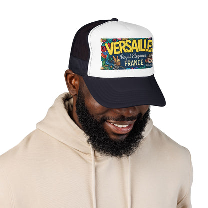 Two-tone black and white trucker hat with mesh back, colorful Versailles France patch