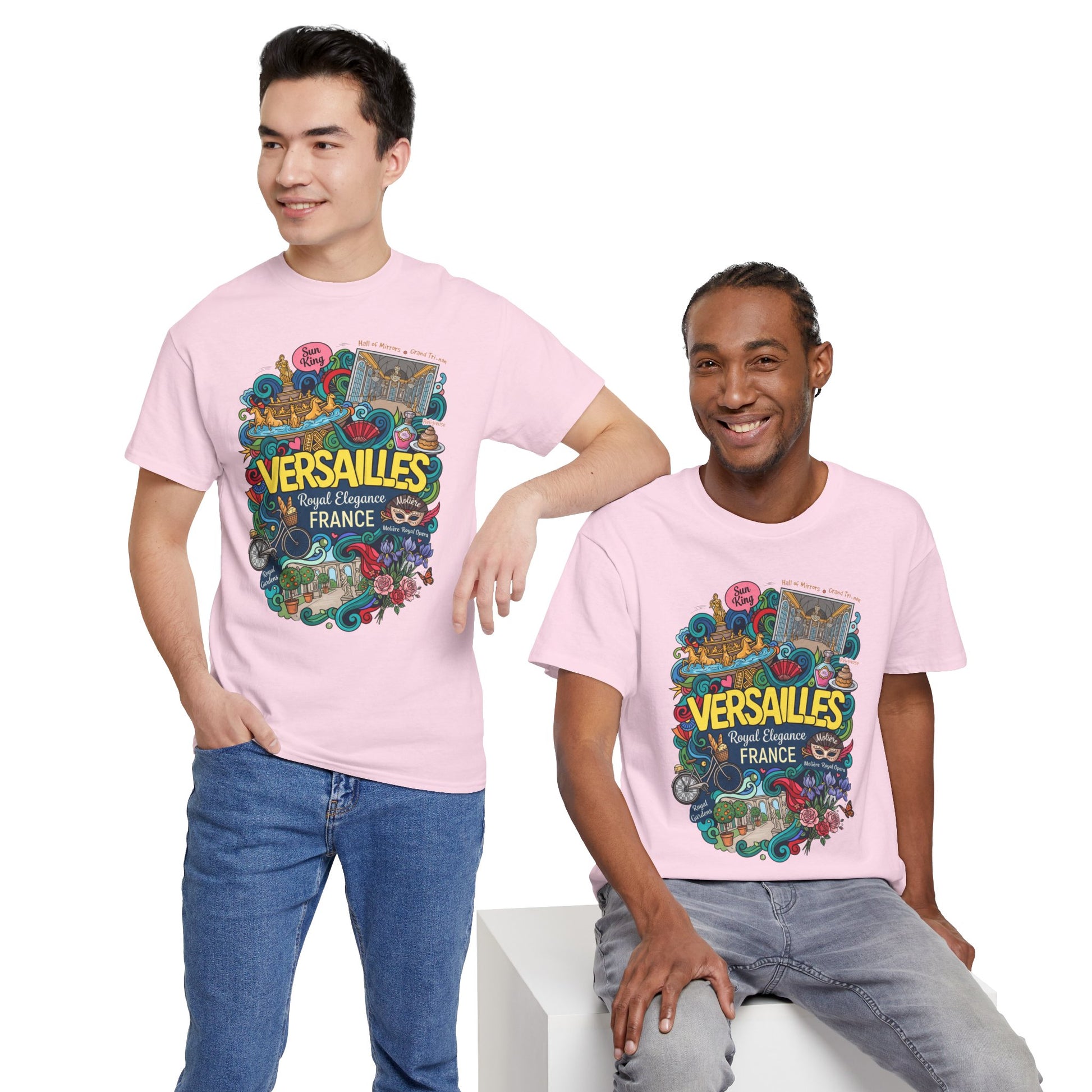 Versailles France illustration T-shirt in light pink, colorful Versailles front graphic