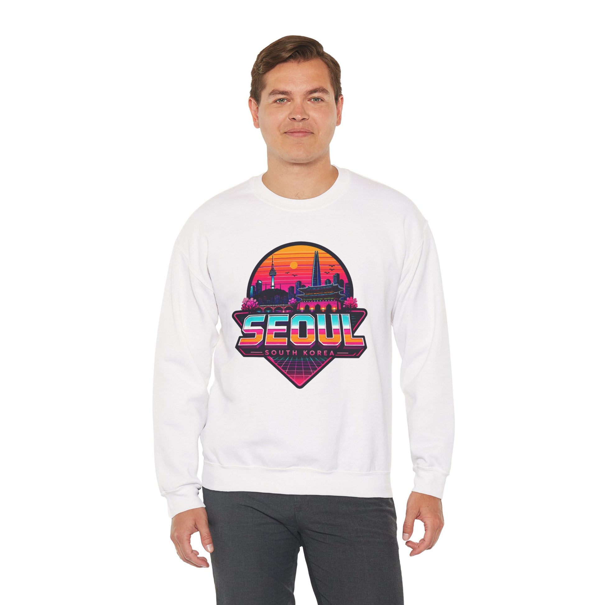 White crewneck sweatshirt with Seoul city graphic on the chest