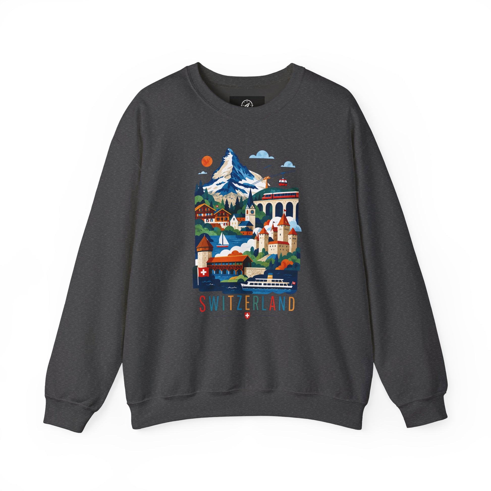 Dark heather crewneck sweatshirt with colorful Switzerland graphic on the front