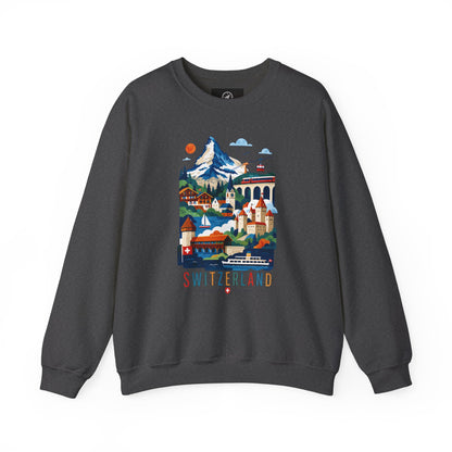 Dark heather crewneck sweatshirt with colorful Switzerland graphic on the front