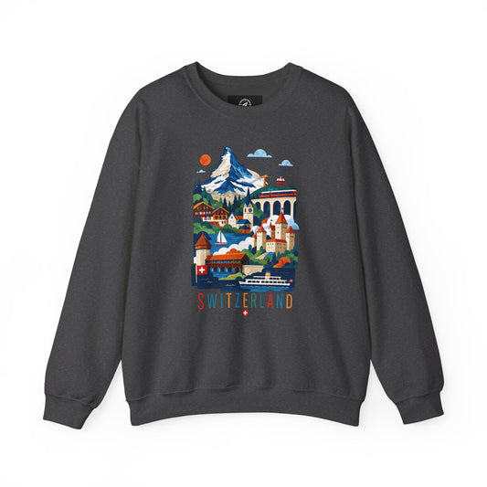 Dark heather crewneck sweatshirt with colorful Switzerland graphic on the front