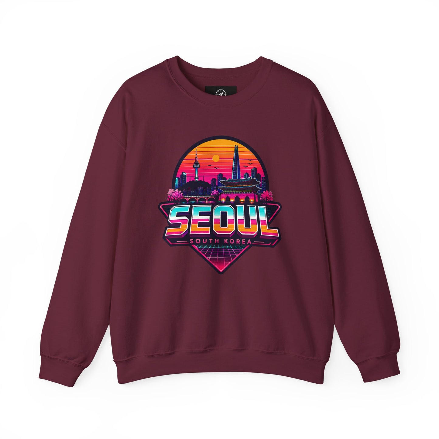 Maroon crewneck sweatshirt with multicolor Seoul city graphic