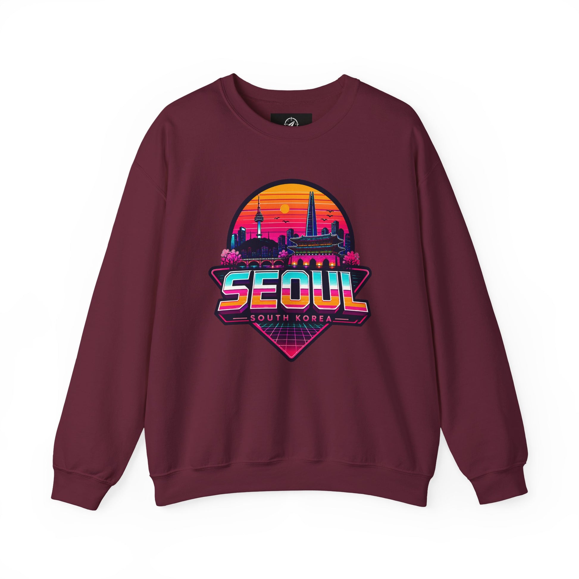 Maroon crewneck sweatshirt with multicolor Seoul city graphic