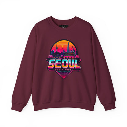 Maroon crewneck sweatshirt with multicolor Seoul city graphic