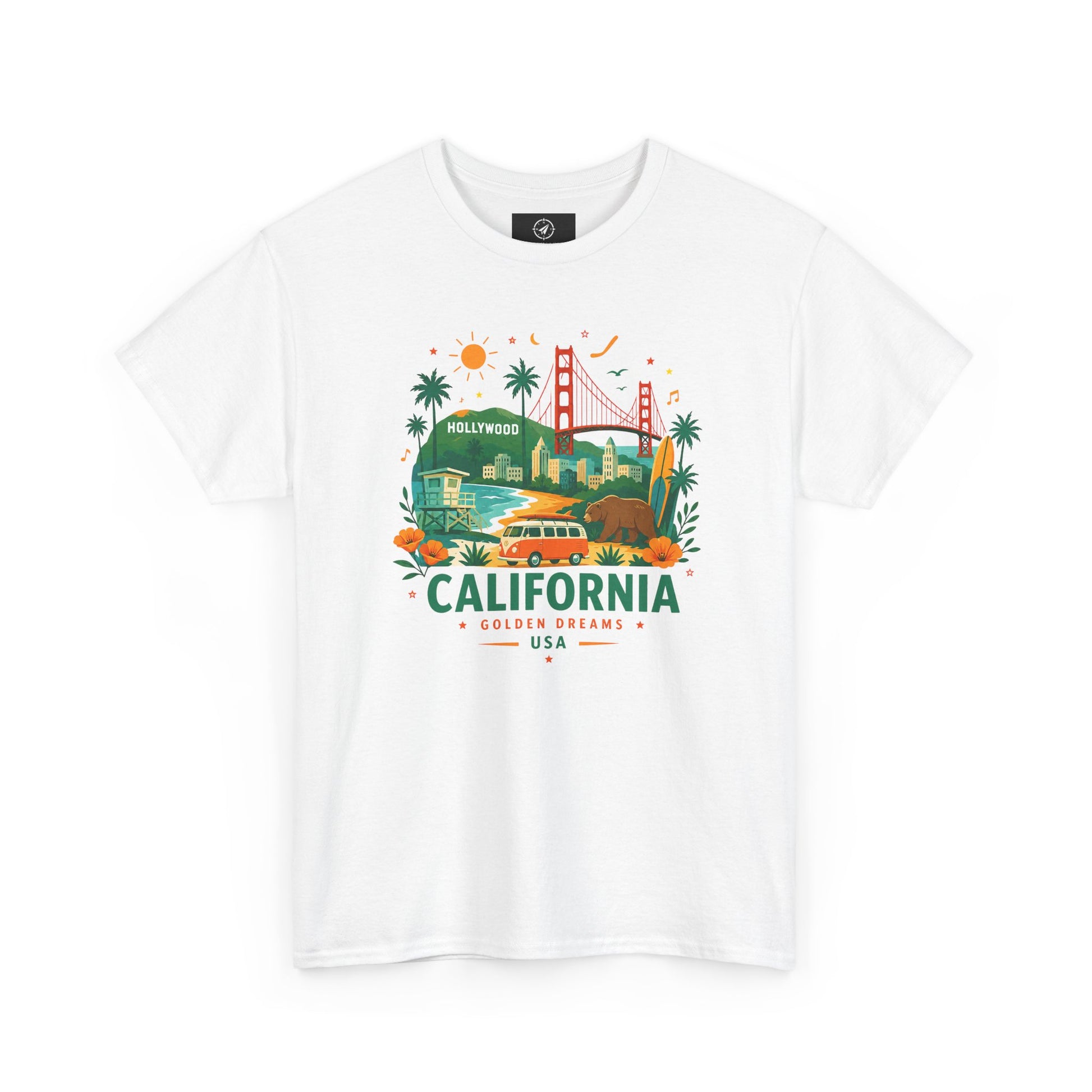White crewneck T-shirt with colorful California skyline graphic and text