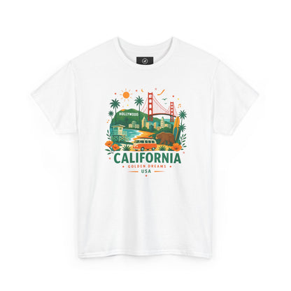 White crewneck T-shirt with colorful California skyline graphic and text