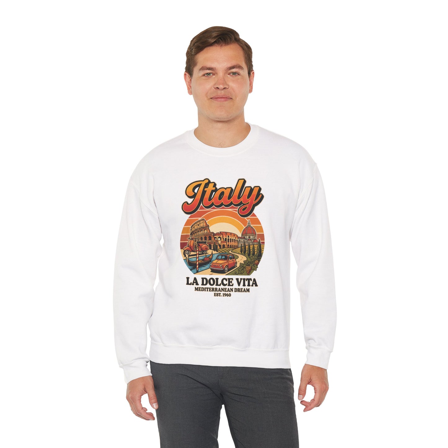 White crewneck sweatshirt with front “Italy La Dolce Vita” graphic print