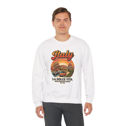 White crewneck sweatshirt with front “Italy La Dolce Vita” graphic print