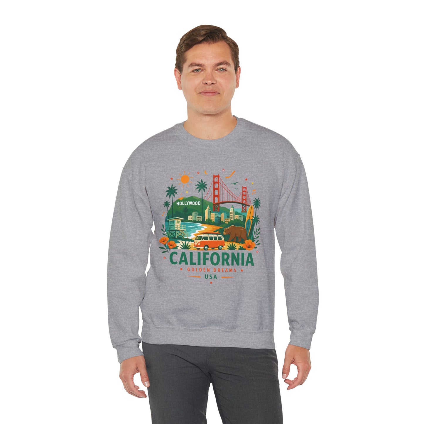 Sport grey crewneck sweatshirt with colorful California graphic on the front.