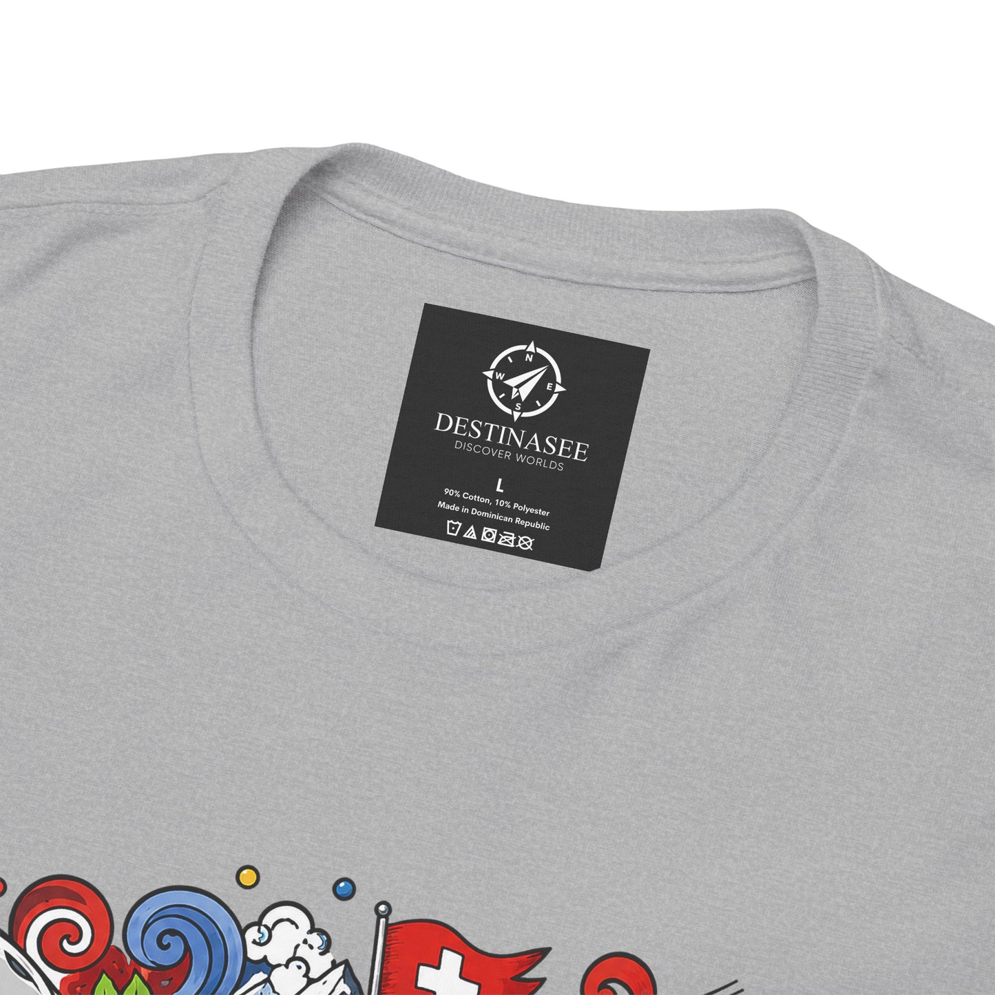 Switzerland-themed T-shirt in sport grey with neck label and partial front graphic