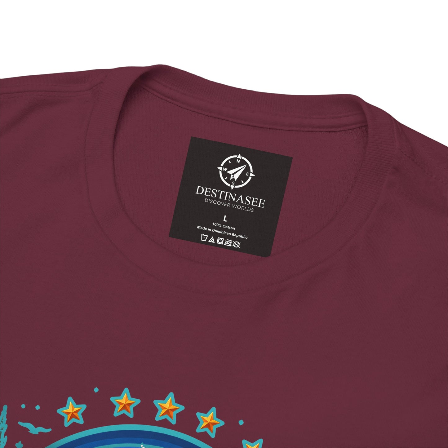 Burgundy travel T-shirt neckline with small neck label and partial colorful front graphic