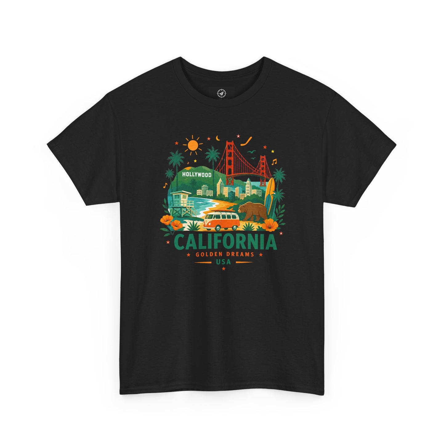 Black short-sleeve crewneck T-shirt with colorful California graphic print
