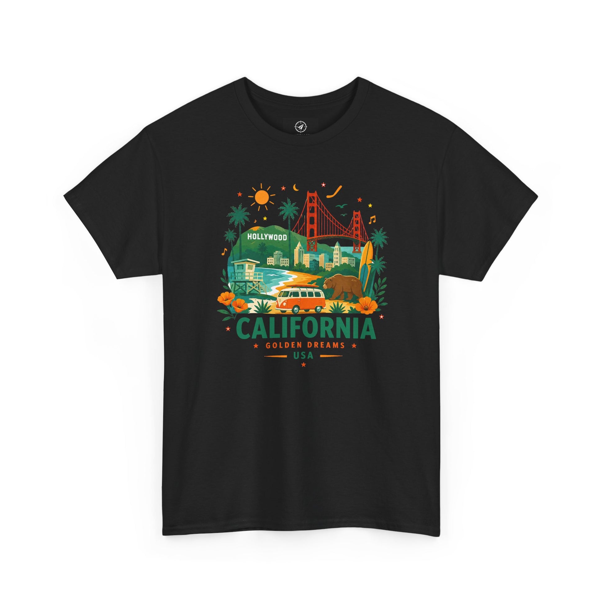 Black short-sleeve crewneck T-shirt with colorful California graphic print