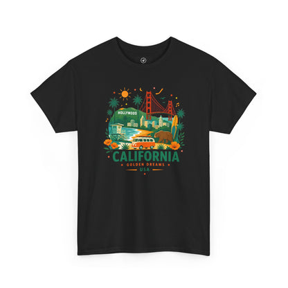 Black short-sleeve crewneck T-shirt with colorful California graphic print