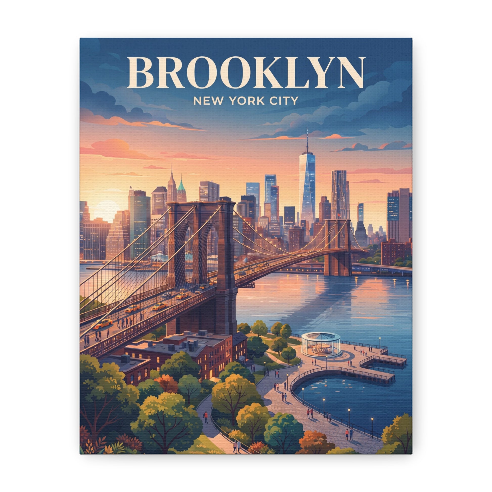 Square canvas wall art of Brooklyn skyline and bridge at sunset, text BROOKLYN