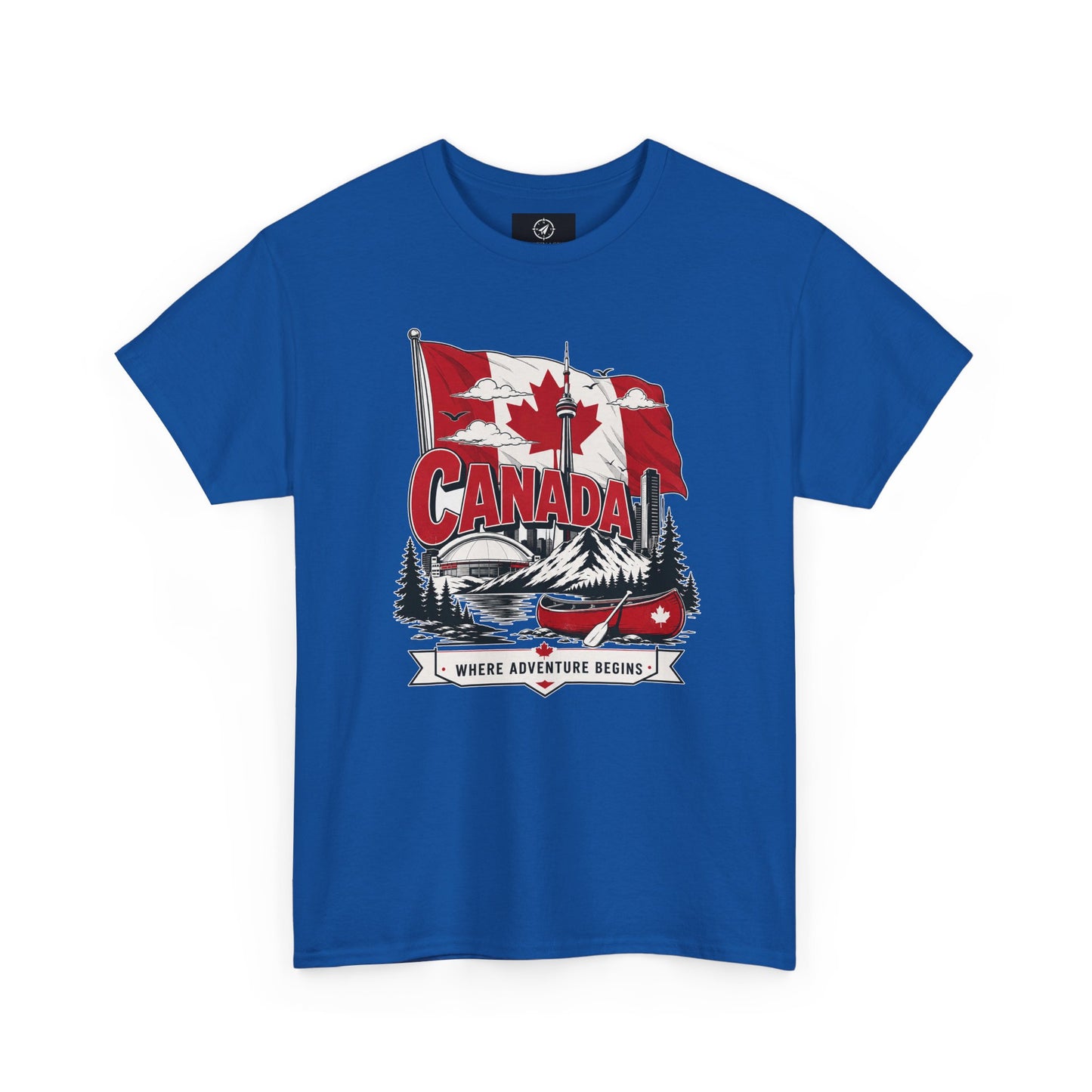 Blue crew-neck t-shirt with Canada flag and logo graphic on the chest