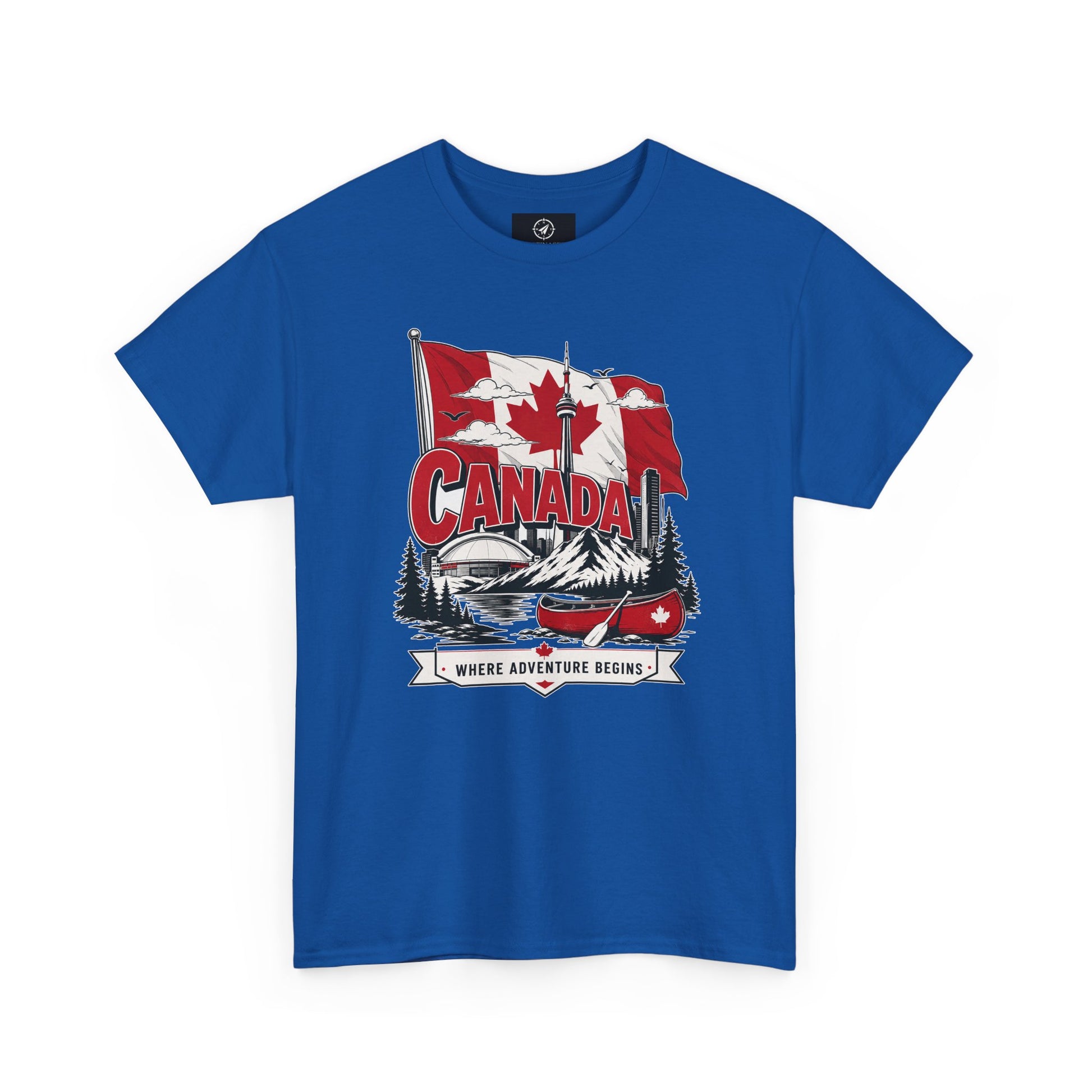 Blue crew-neck t-shirt with Canada flag and logo graphic on the chest
