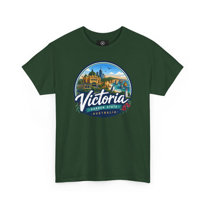 Dark green crew-neck travel t-shirt with circular Victoria landmark graphic print