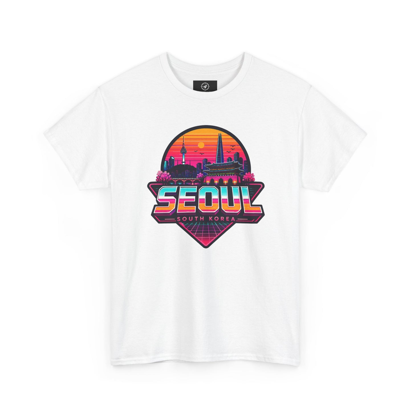 White T-shirt with large Seoul skyline heart graphic in sunset colors