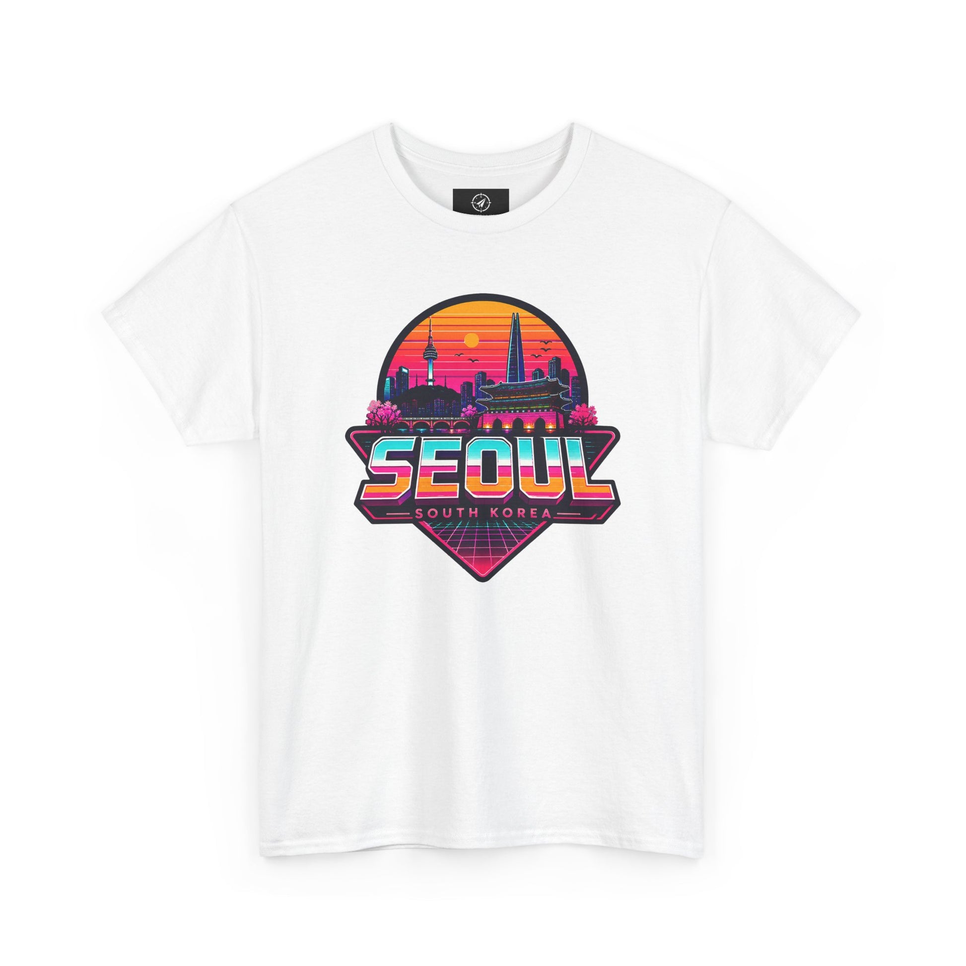 White T-shirt with large Seoul skyline heart graphic in sunset colors