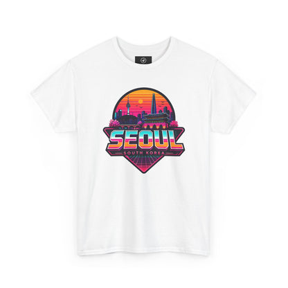White T-shirt with large Seoul skyline heart graphic in sunset colors