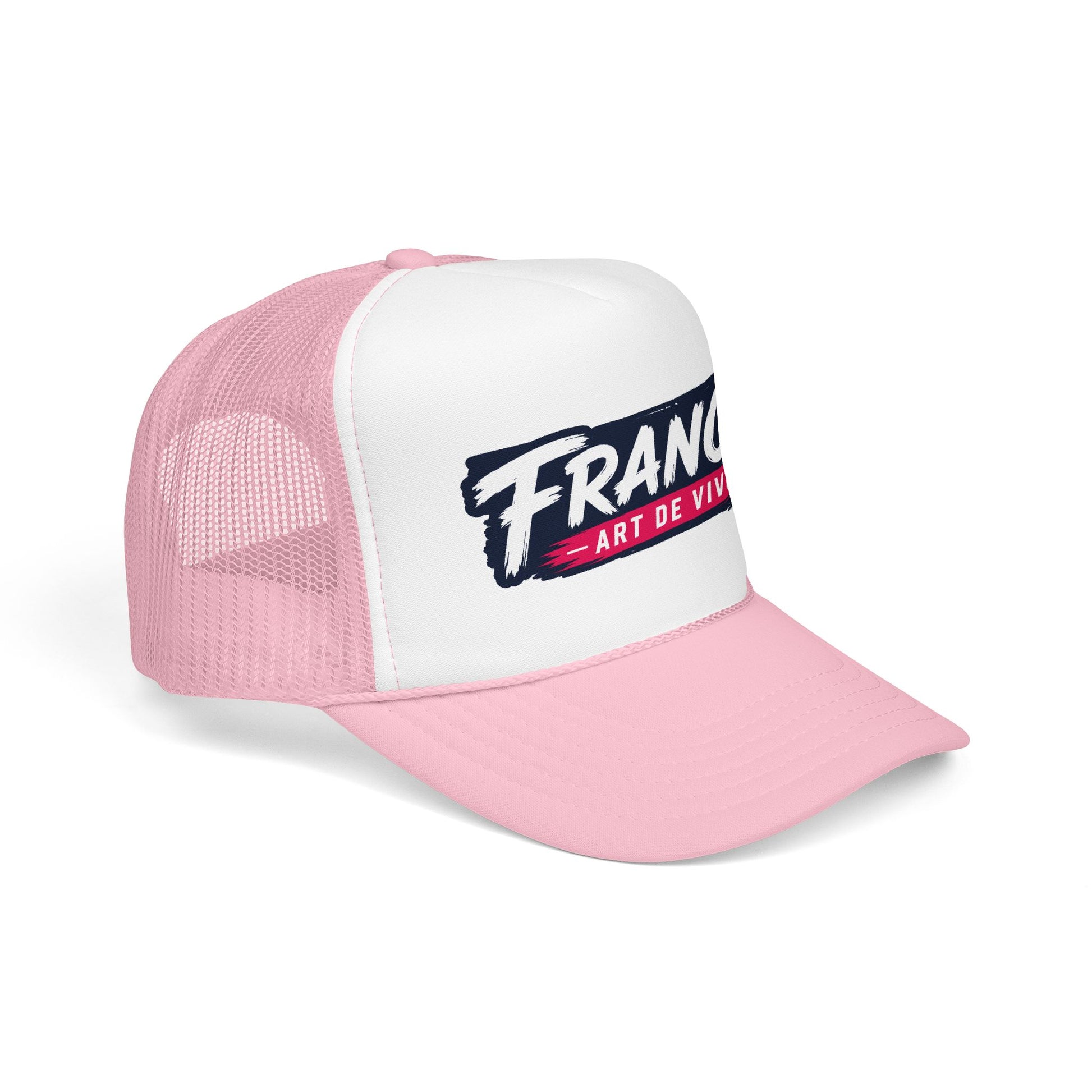 Pink and white trucker hat with mesh back and 'FRANCE Art de Vivre' front patch