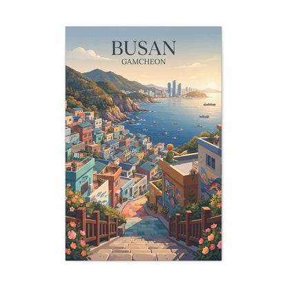 Matte canvas wall art, vertical: BUSAN GAMCHEON alley overlooking the sea with docks