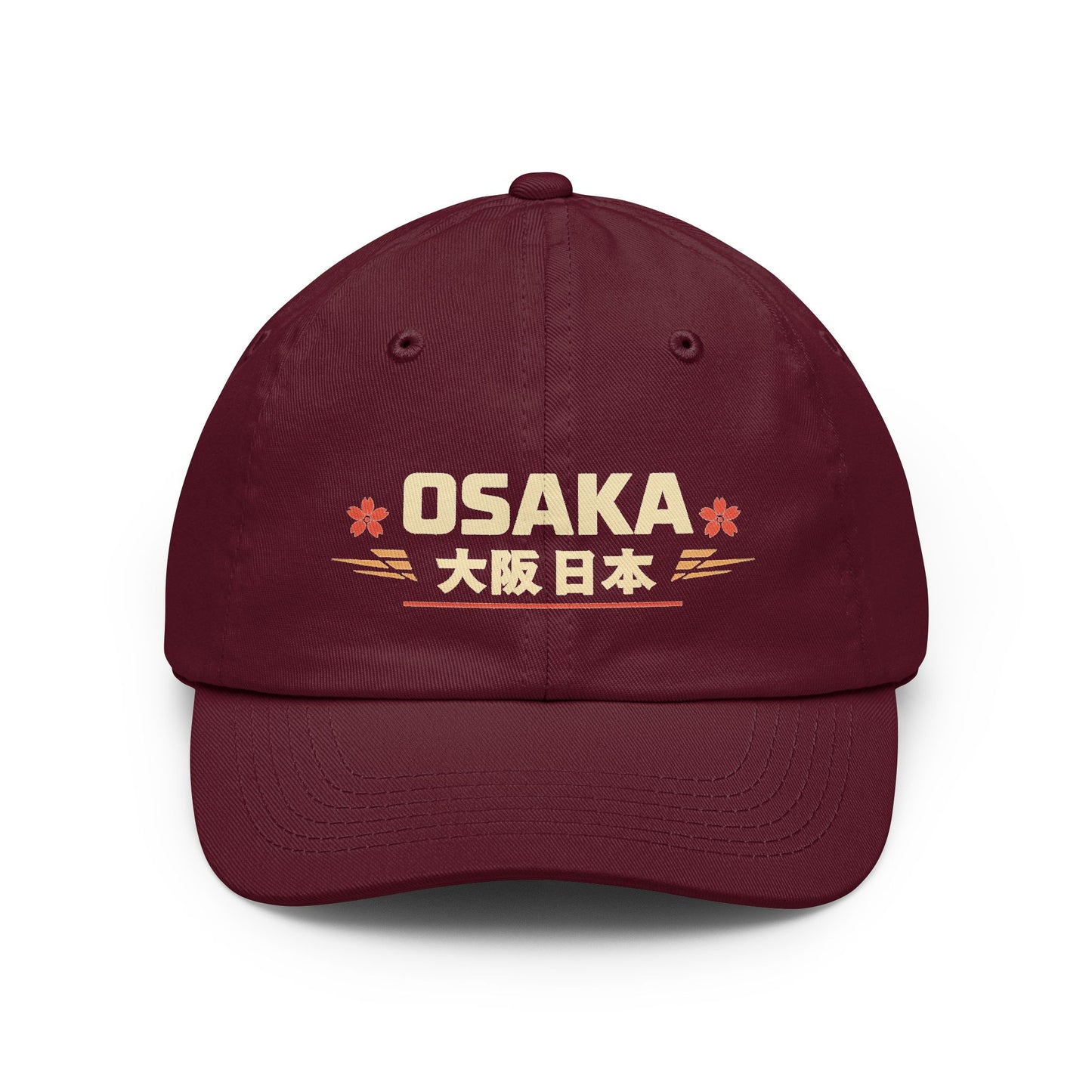 Burgundy vintage dad hat with embroidered Osaka front graphic and curved brim