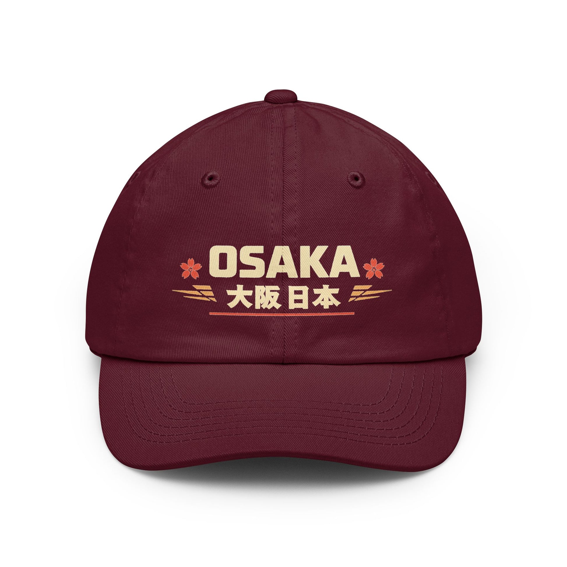 Burgundy vintage dad hat with embroidered Osaka front graphic and curved brim