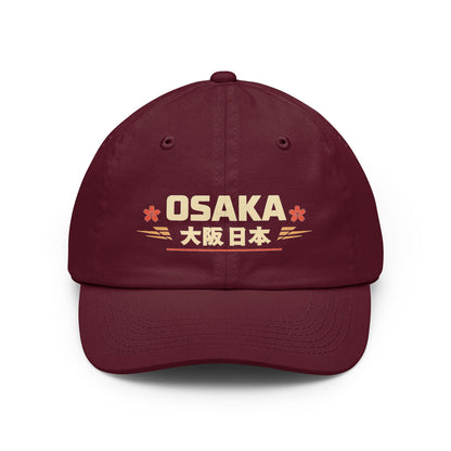 Burgundy vintage dad hat with embroidered Osaka front graphic and curved brim
