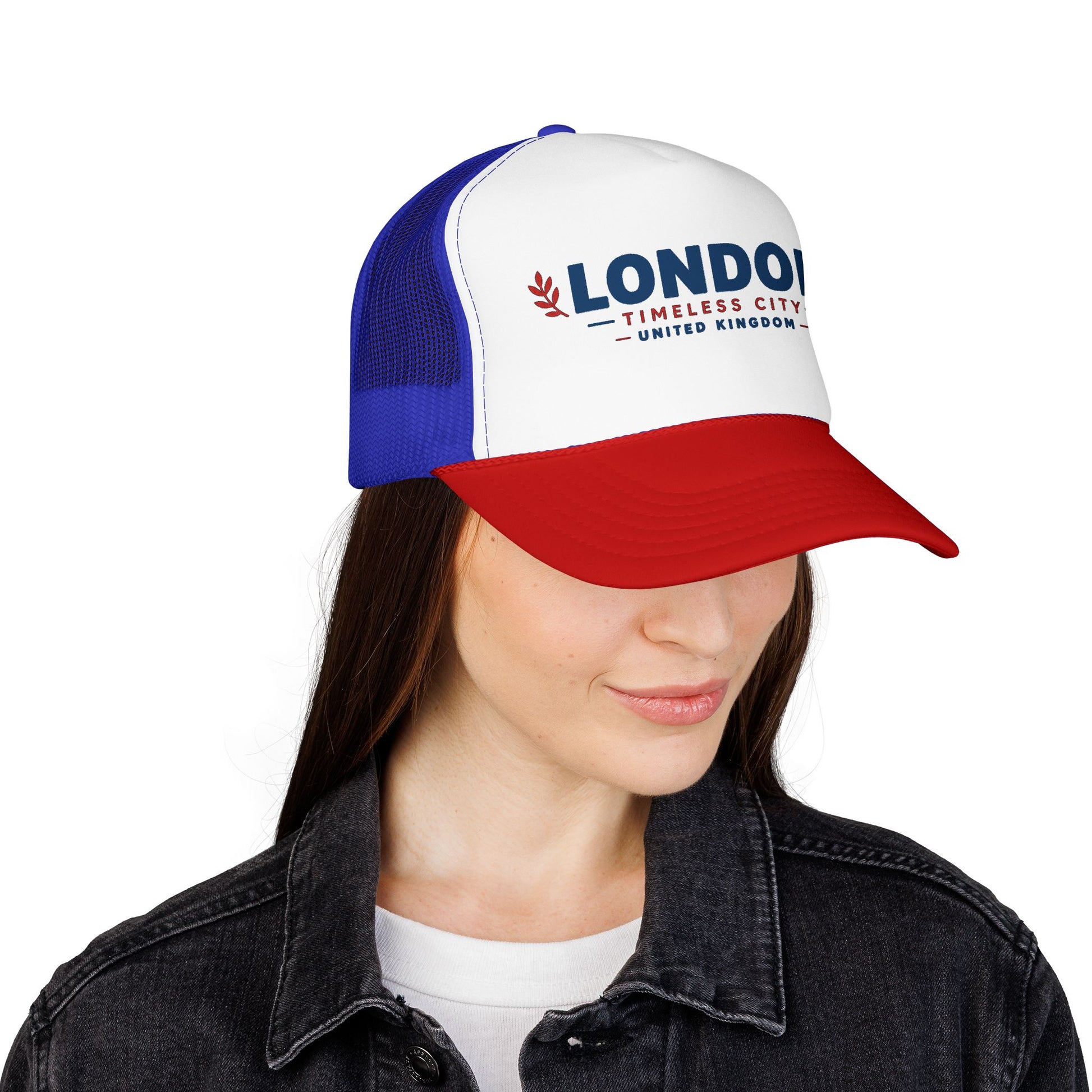Foam trucker hat with white front, blue mesh sides, and red brim; London logo on front.