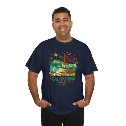 Navy crew-neck T-shirt with California travel graphic and colorful roadside scene