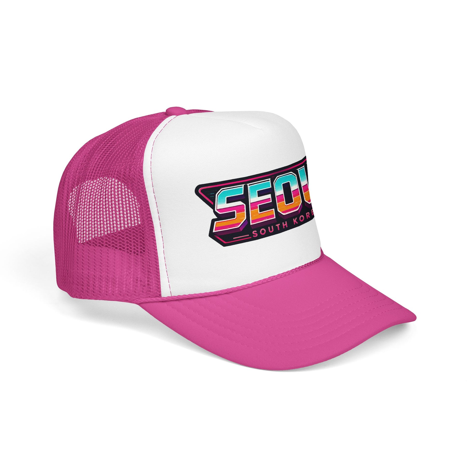 White and magenta trucker hat with embroidered “SEOUL SOUTH KOREA” patch logo