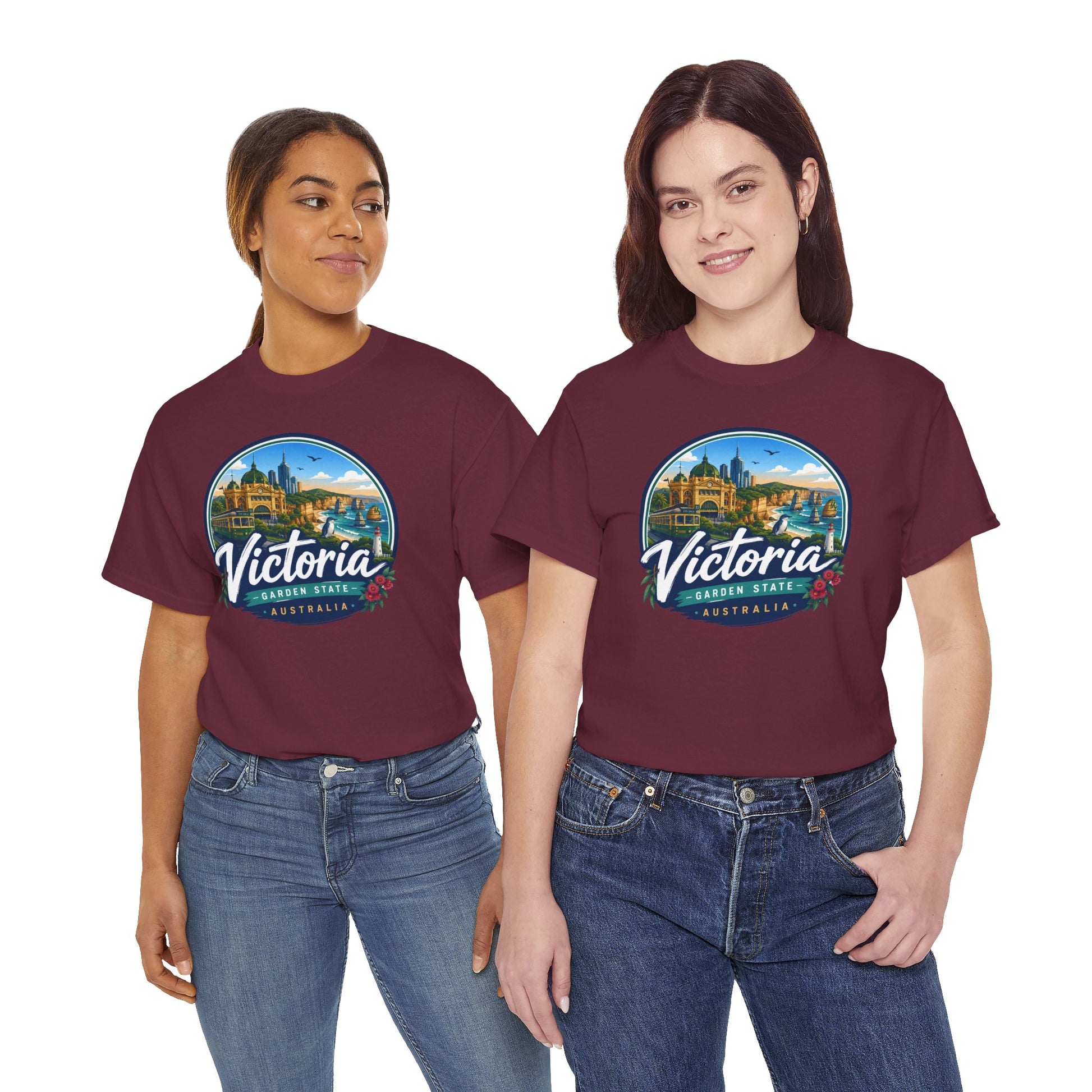Maroon crew-neck T-shirt with circular Victoria city graphic on chest