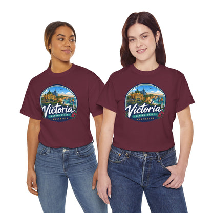 Maroon crew-neck T-shirt with circular Victoria city graphic on chest