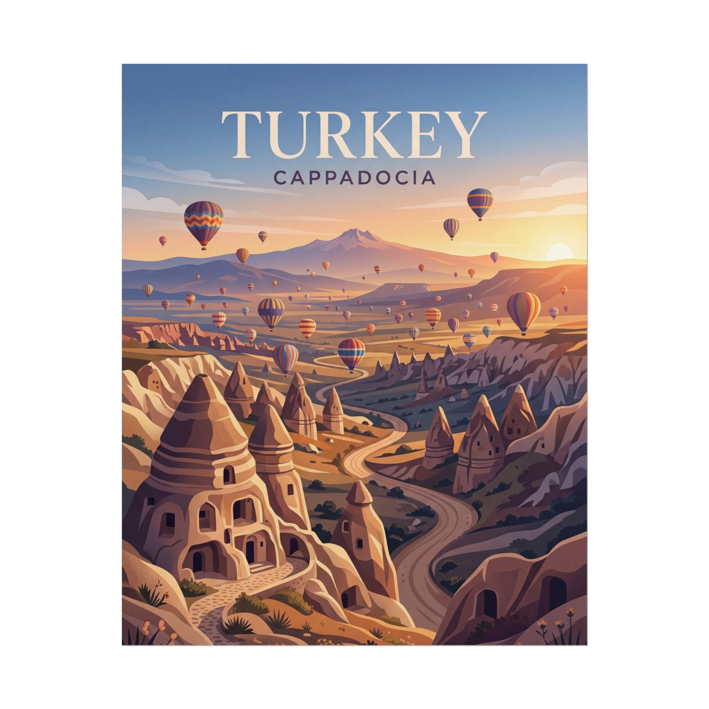 Rolled poster with TURKEY and CAPADOCIA title over Cappadocia houses and balloons
