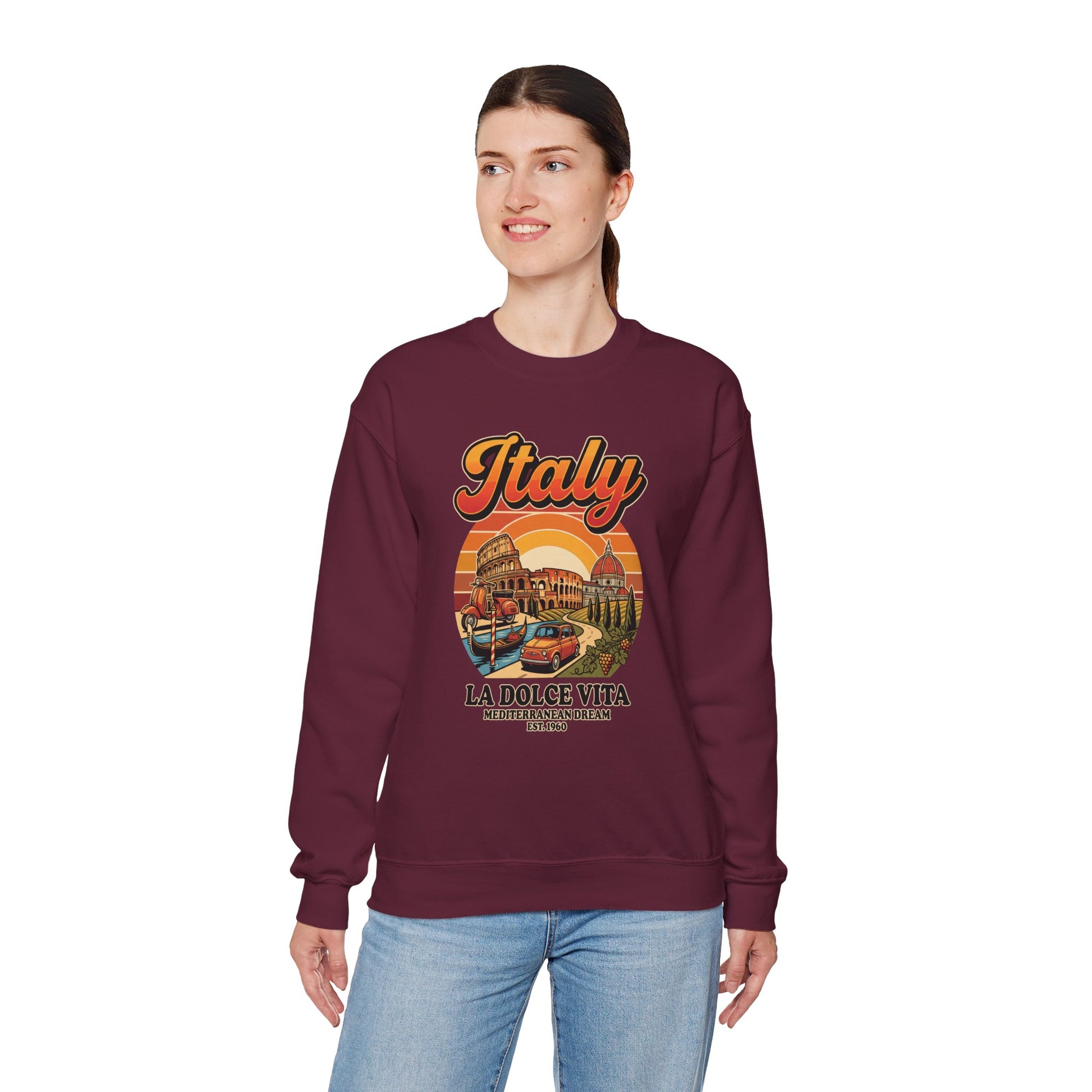 Maroon crewneck sweatshirt with multicolor “Italy La Dolce Vita” graphic on front