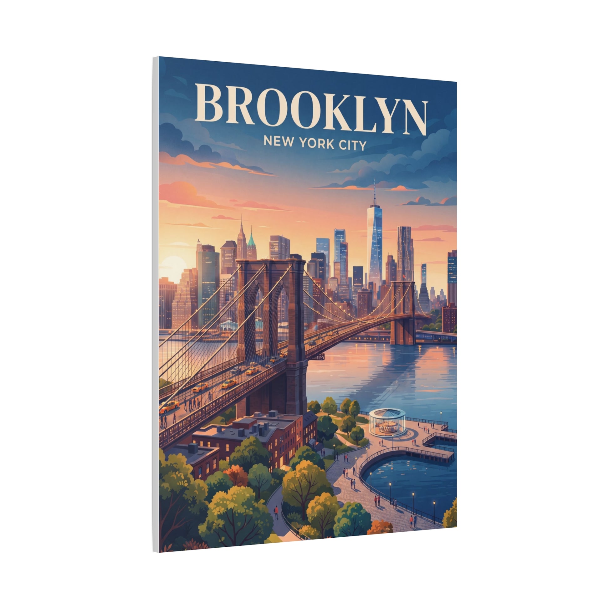 Vertical canvas wall art showing Brooklyn skyline, bridge over water, sunset sky and BROOKLYN