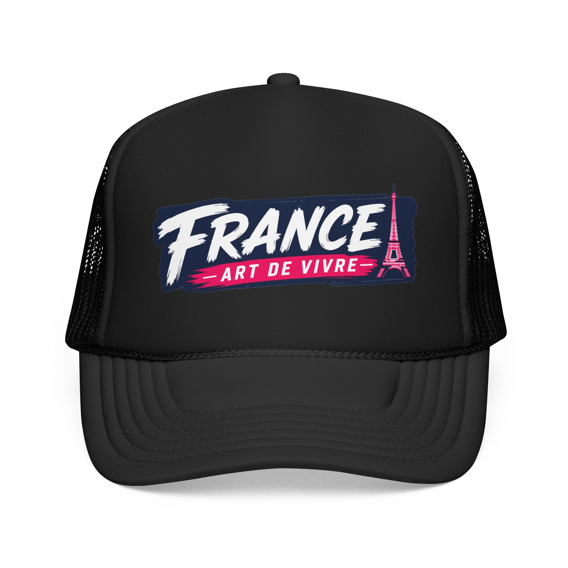Black trucker hat with mesh sides and “FRANCE Art de Vivre” front print