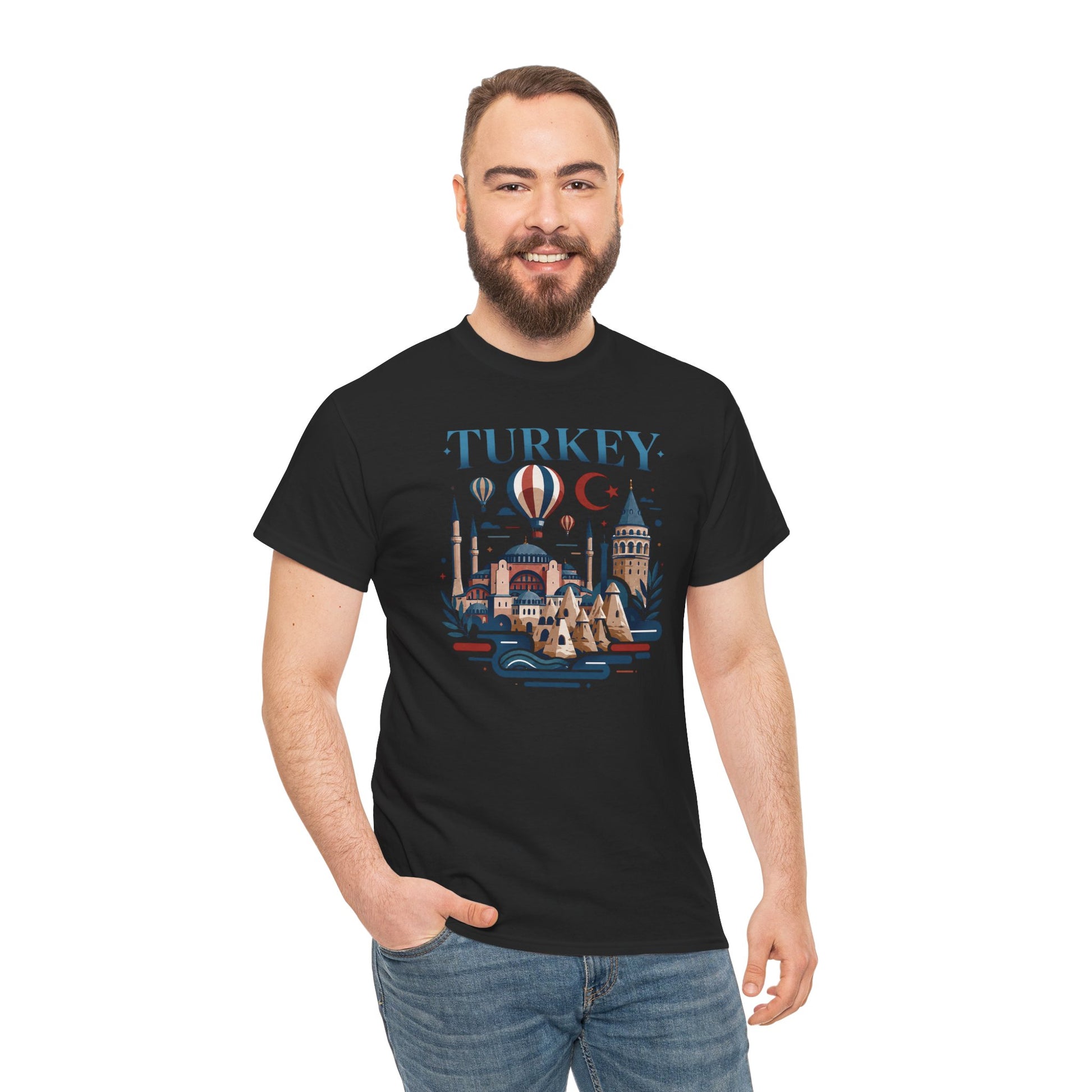 Black Turkey graphic T-shirt with hot air balloons, skyline buildings, and crescent moon