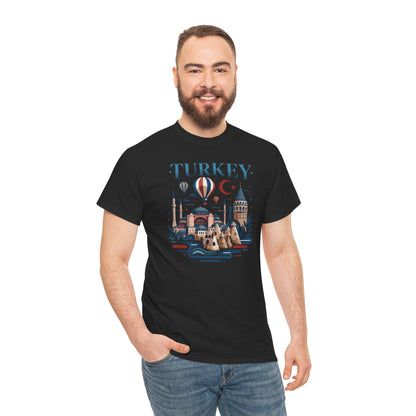 Black Turkey graphic T-shirt with hot air balloons, skyline buildings, and crescent moon