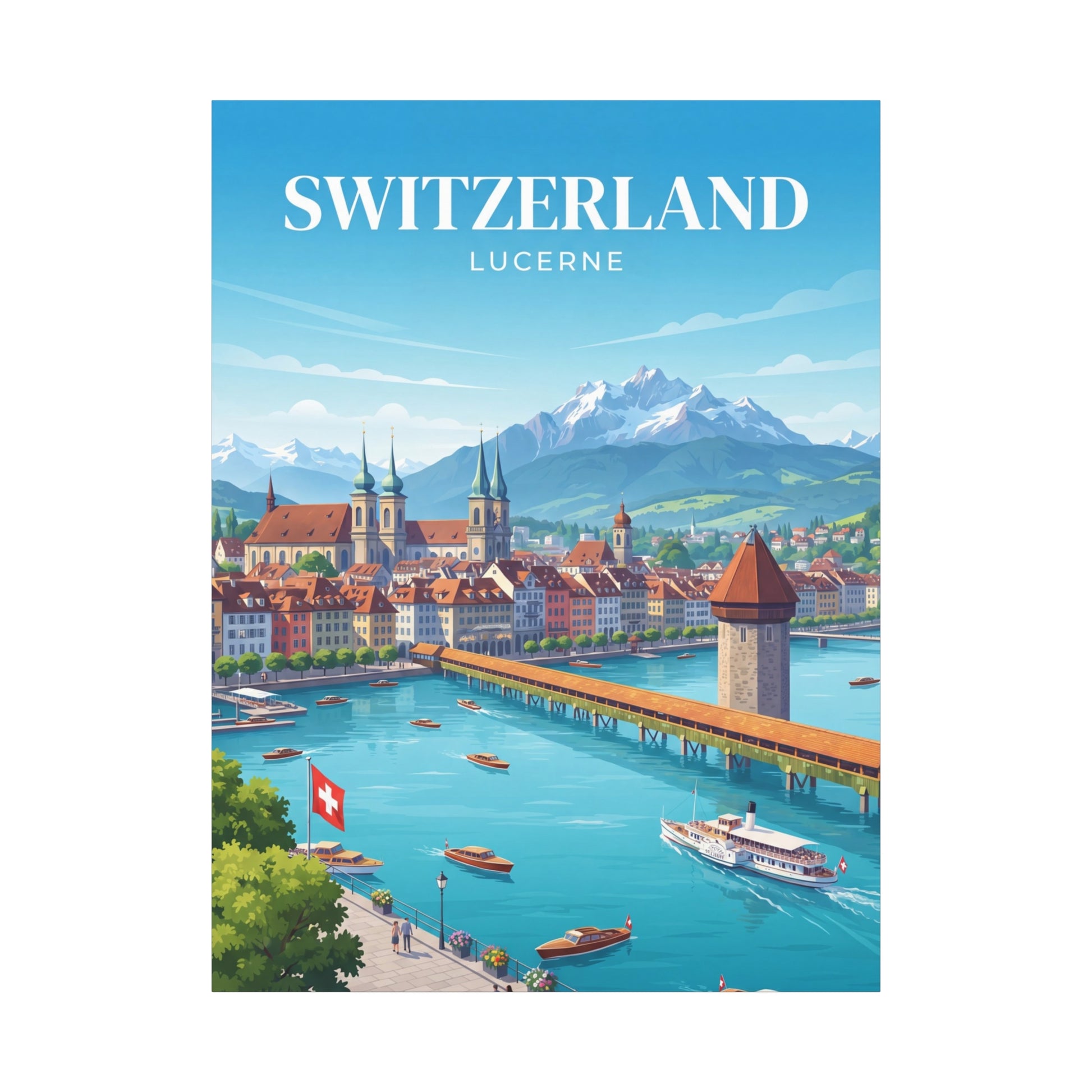 Matte canvas wall art with Switzerland Lucerne title over Swiss town, river, and mountains
