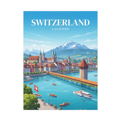 Matte canvas wall art with Switzerland Lucerne title over Swiss town, river, and mountains