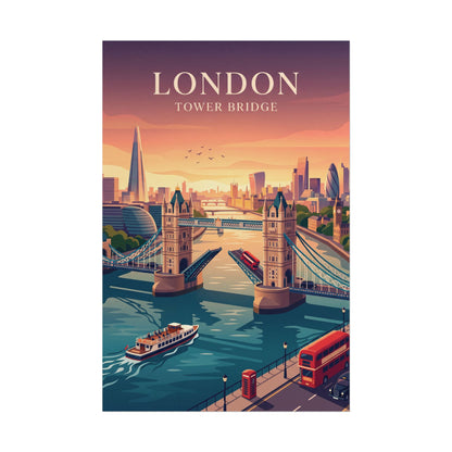 Tower Bridge art poster with river view, bridge towers, and a red double-decker bus.